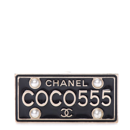 Chanel Metal Resin Pearl Coco License Plate Brooch Black Gold 1 of 4