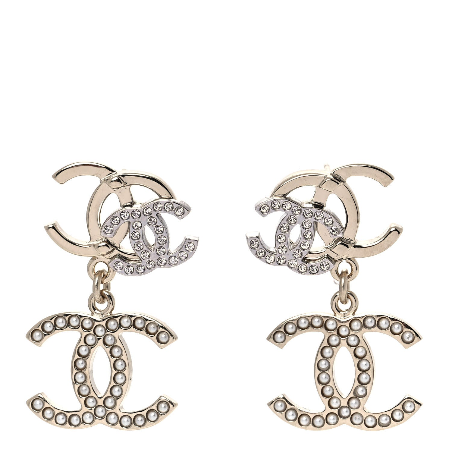 Chanel Crystal Pearl Double CC Drop Earrings Gold Silver 1 of 5