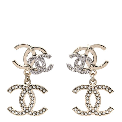 Chanel Crystal Pearl Double CC Drop Earrings Gold Silver 1 of 5