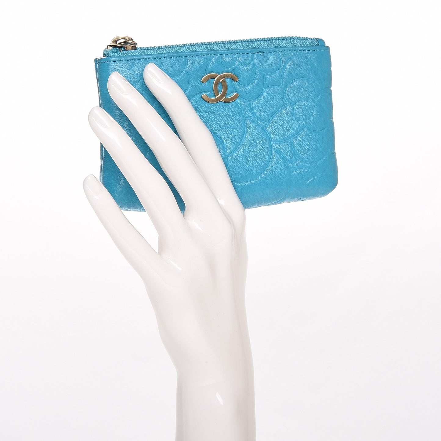 Lambskin Camellia Embossed Key Holder Case Turquoise