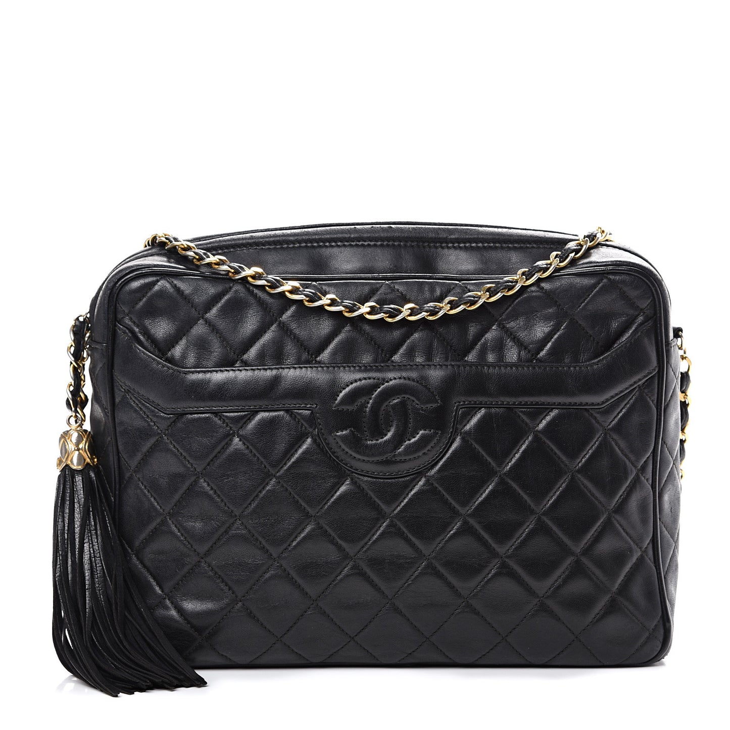 Lambskin Quilted CC Tassel Camera Case Black