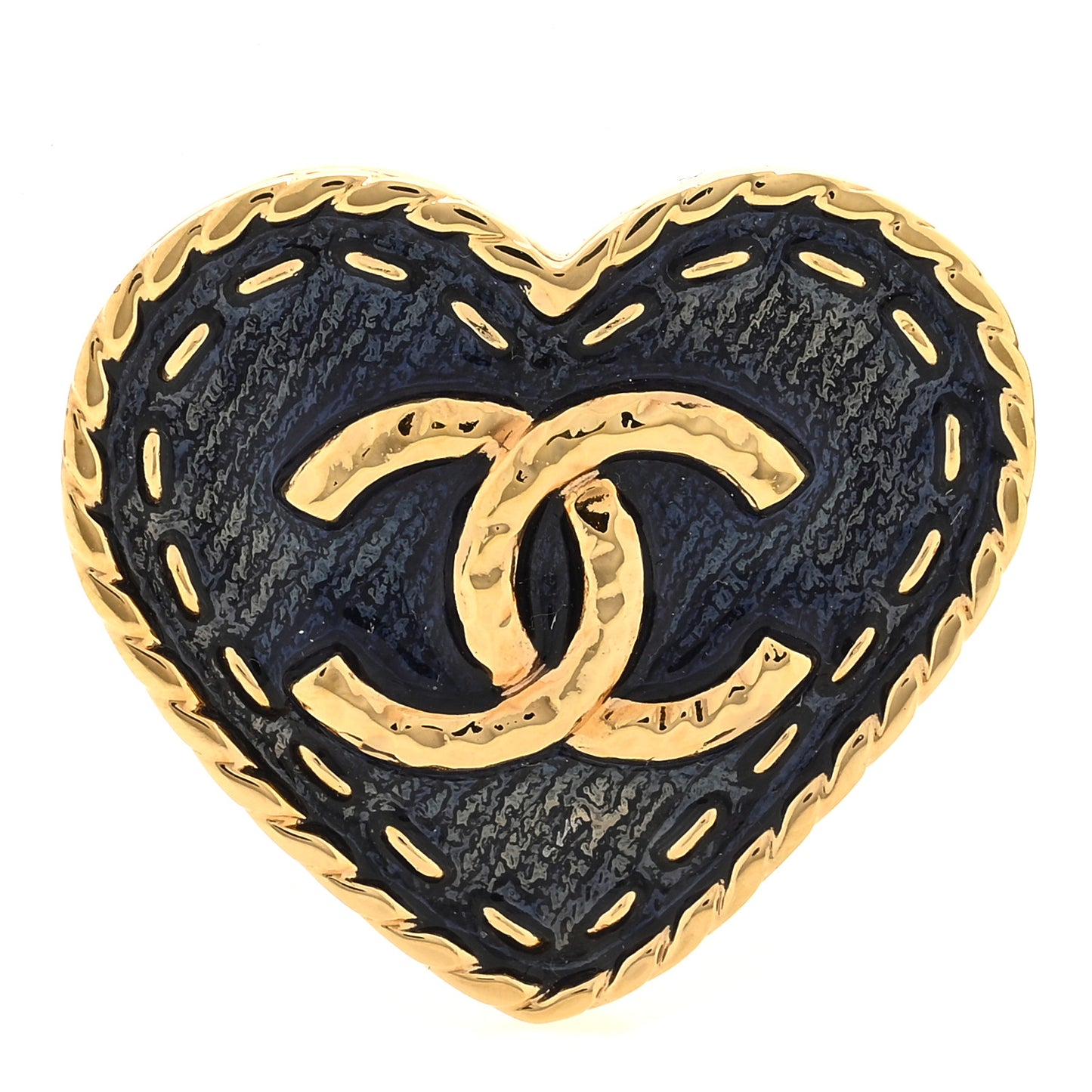 Metal Enamel CC Denim Heart Brooch Gold Blue