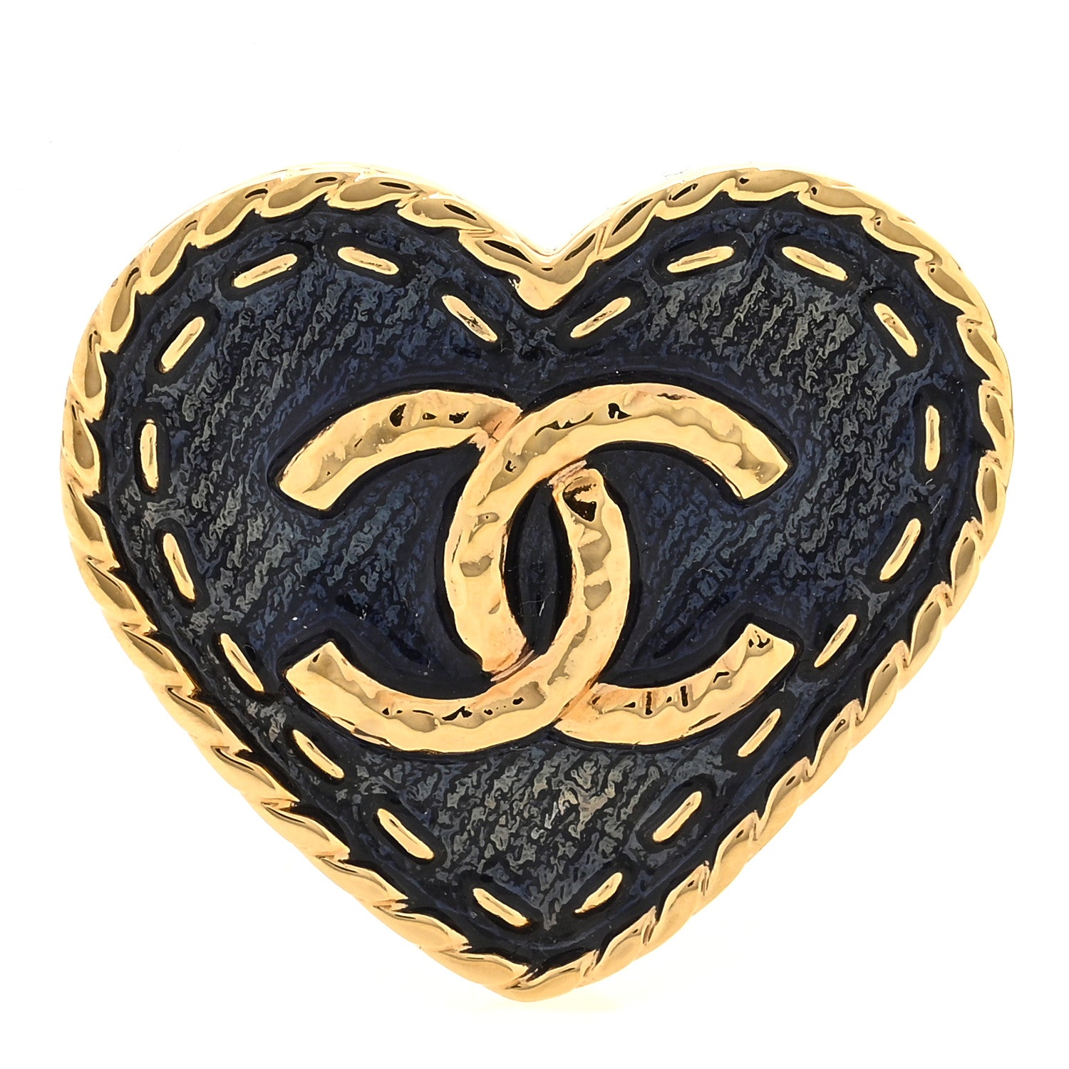 Chanel Metal Enamel CC Denim Heart Brooch Gold Blue 1 of 3