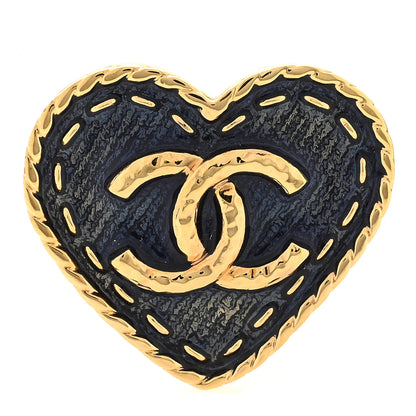 Chanel Metal Enamel CC Denim Heart Brooch Gold Blue 1 of 3