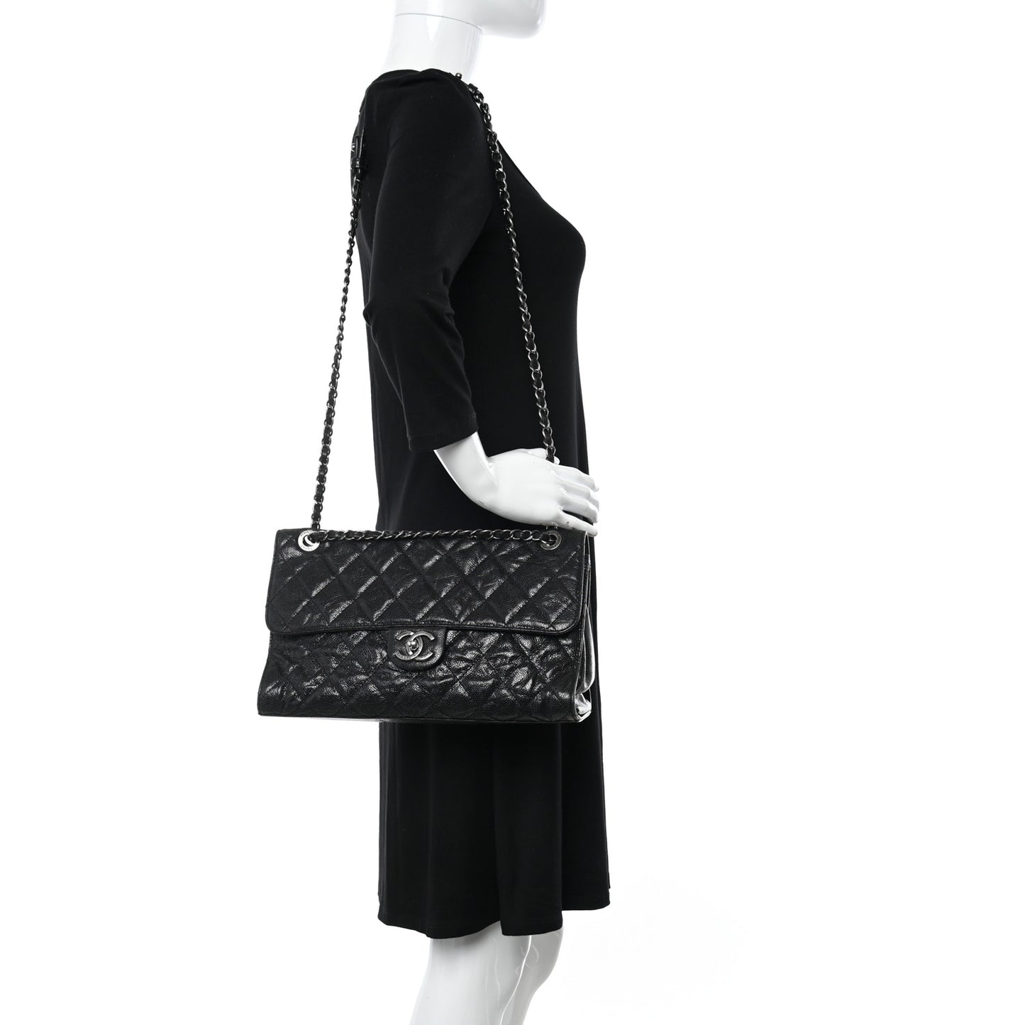 Crumpled Grained Calfskin Jumbo CC Crave Flap Black