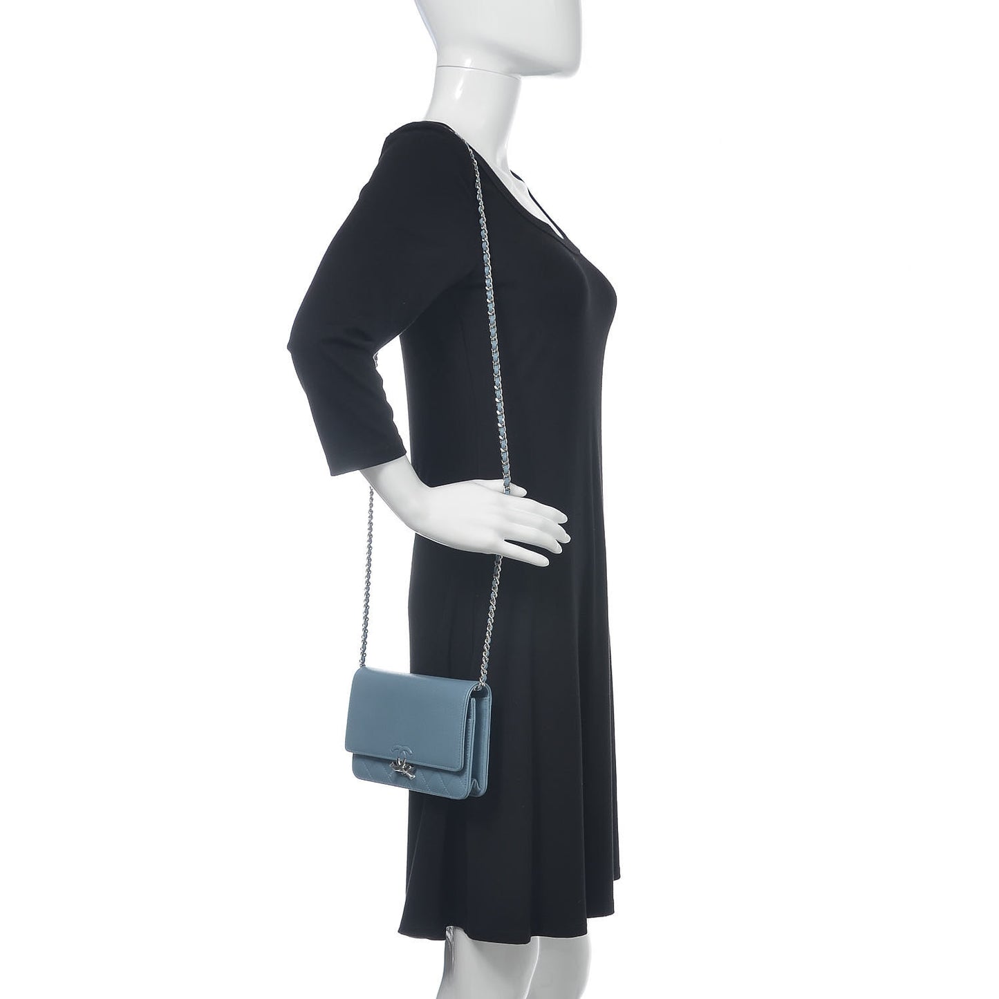 Grained Calfskin Quilted CC Box Wallet On Chain WOC Blue