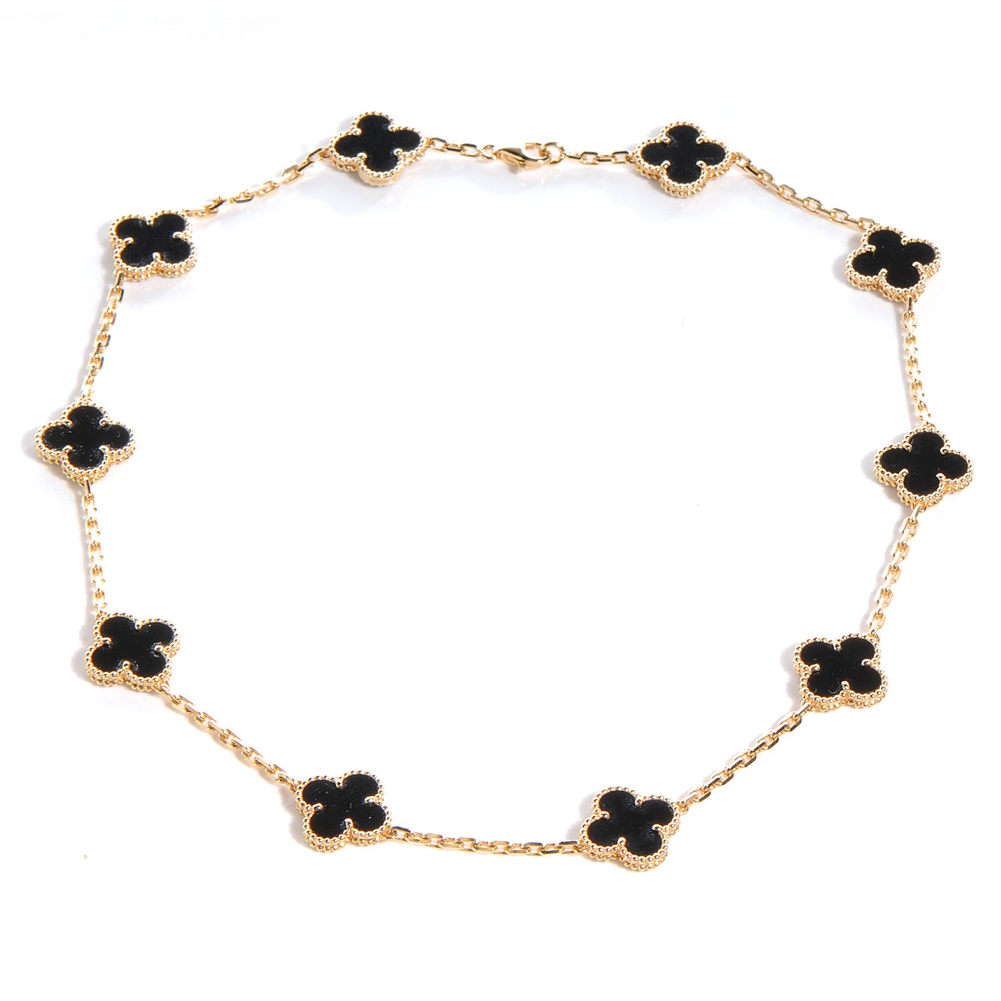 18K Yellow Gold Black Onyx 10 Motifs Vintage Alhambra Necklace
