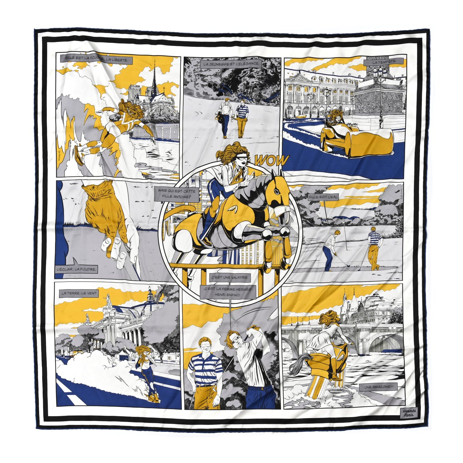 Hermes Silk Carre Wow Double Face Scarf 90 Blanc Bleu Gold 1 of 4