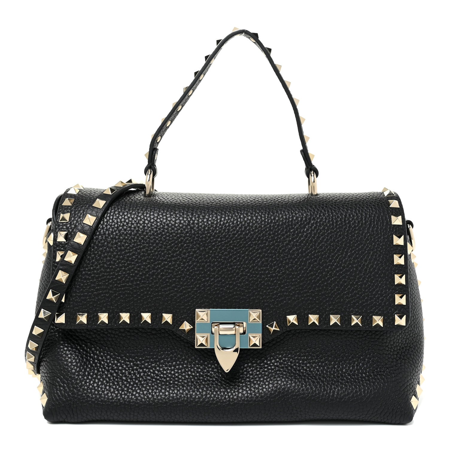Valentino Garavani Pebbled Calfskin Rockstud Single Handle Flap Bag Black 1 of 12
