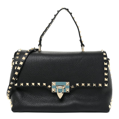 Valentino Garavani Pebbled Calfskin Rockstud Single Handle Flap Bag Black 1 of 12