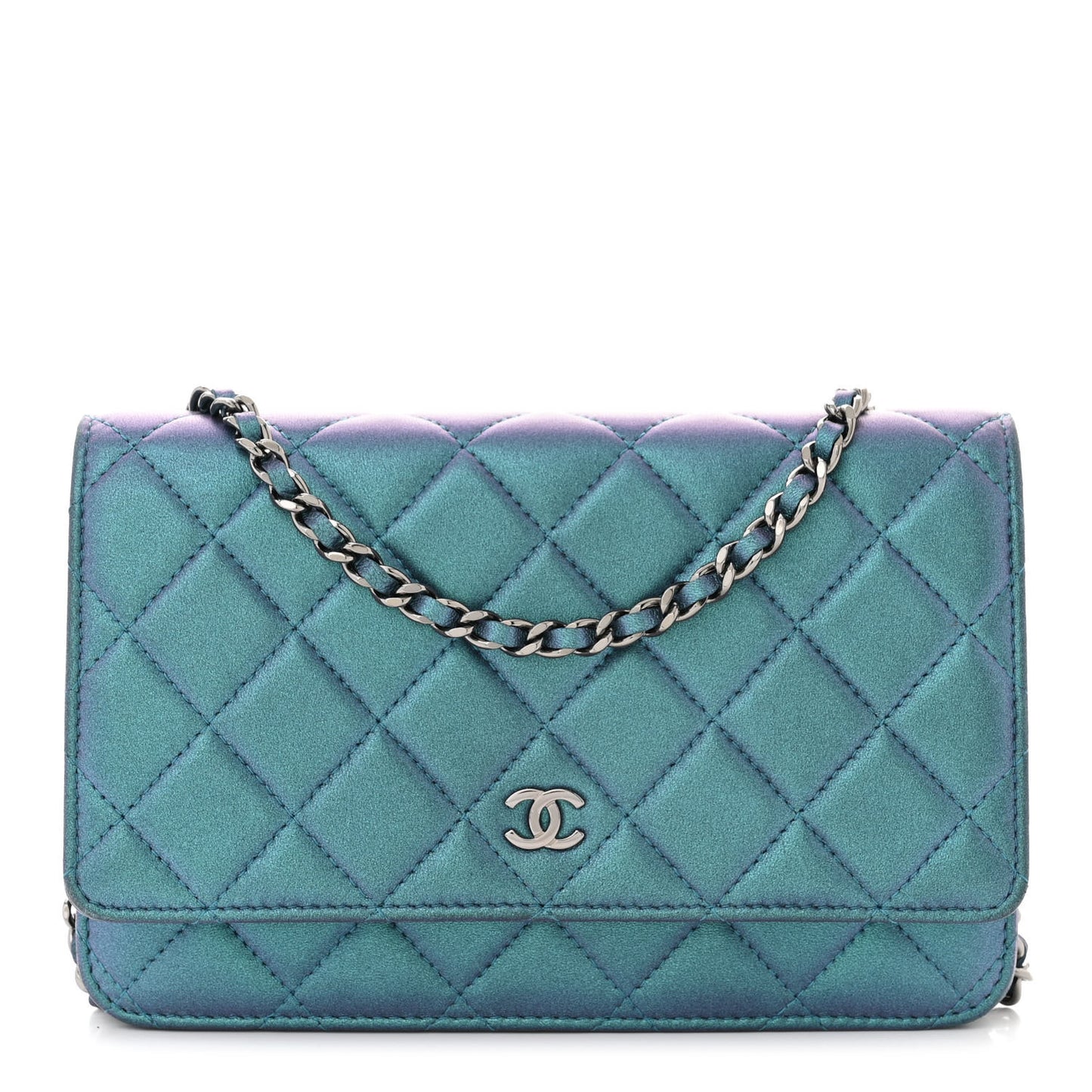 Iridescent Lambskin Quilted Wallet On Chain WOC Turquoise