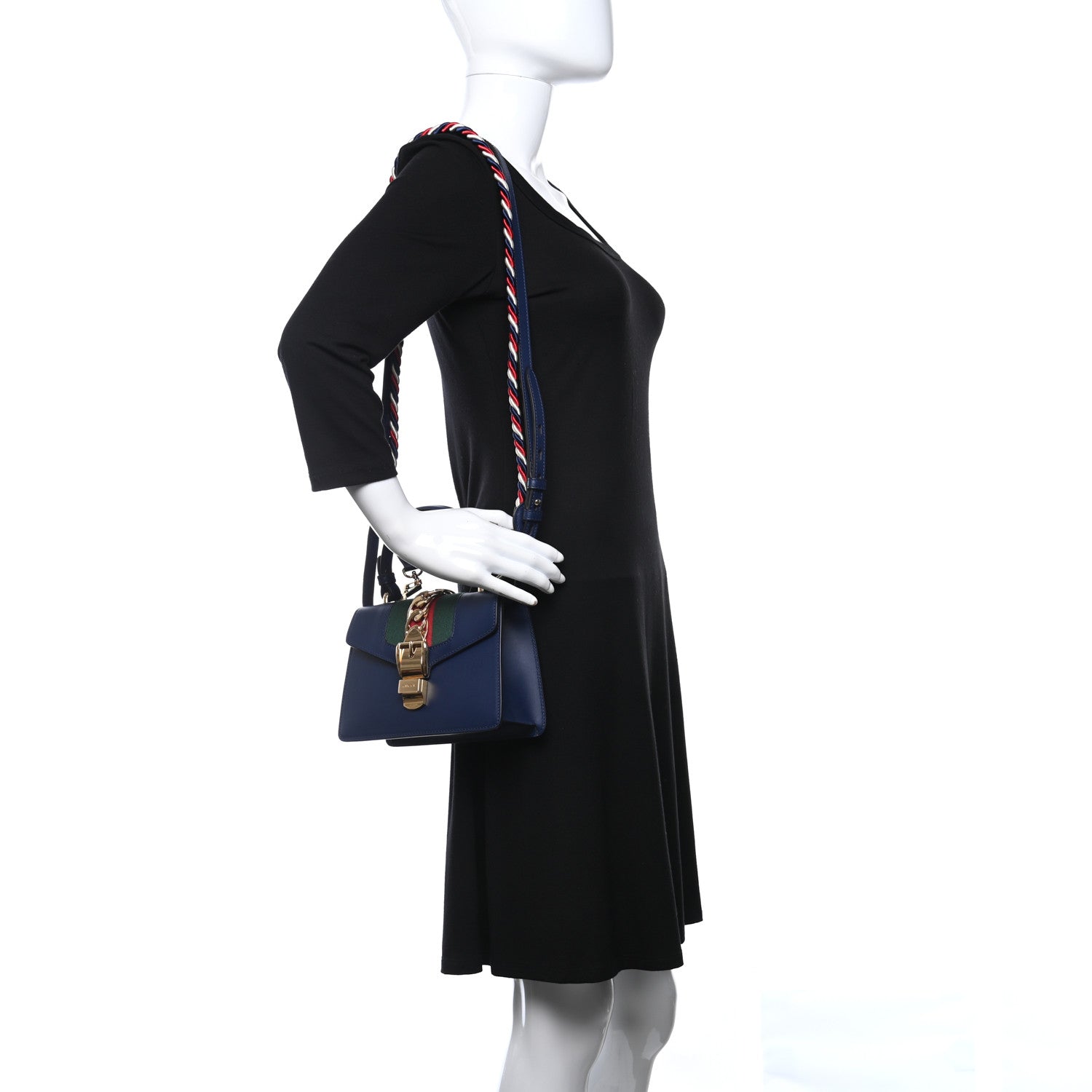 Gucci Vitello Fontanella Web Mini Sylvie Top Handle Bag Blue Agata 2 of 9