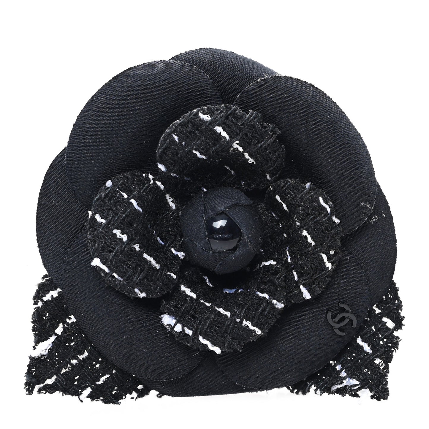 Tweed Camellia Pin Brooch Black