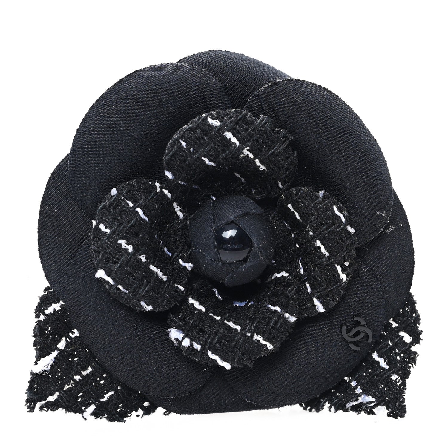 Chanel Tweed Camellia Pin Brooch Black 1 of 3