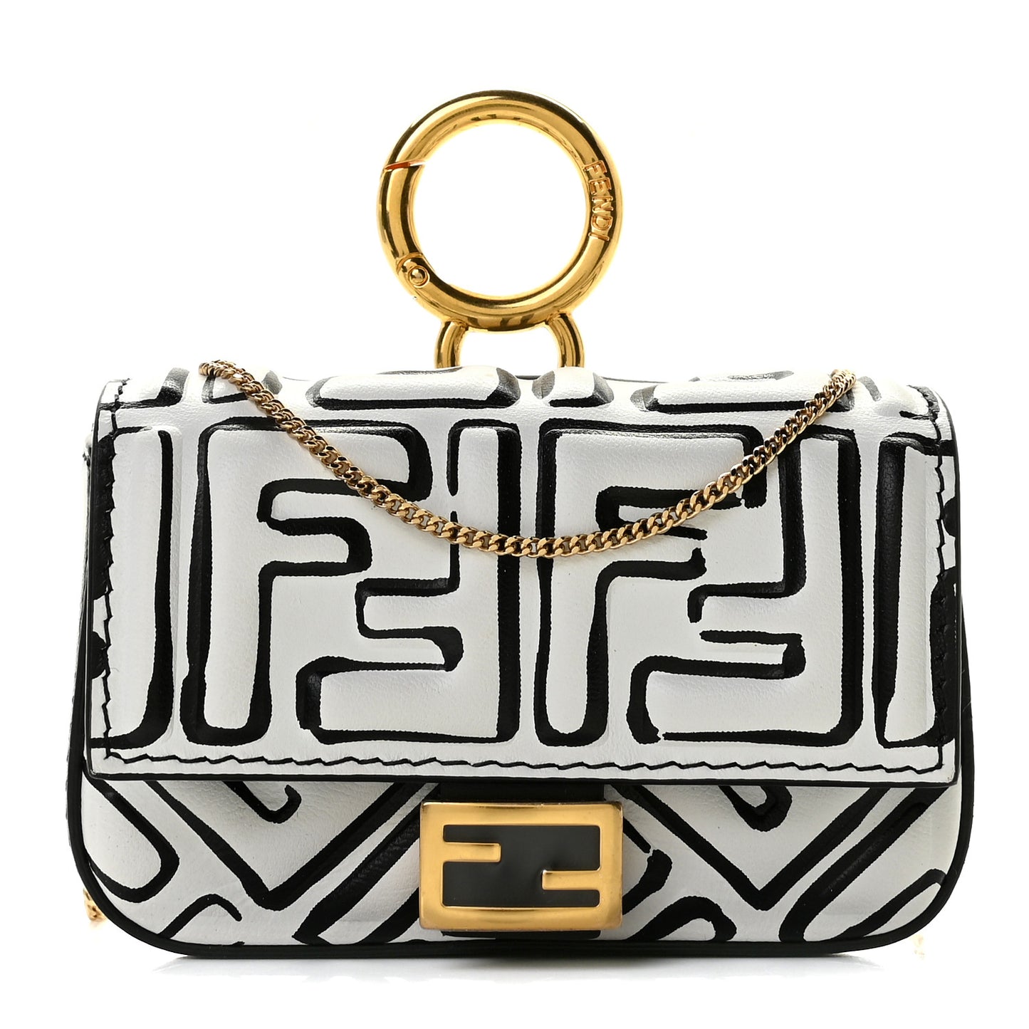X JOSHUA VIDES Nappa Vitello King FF Embossed Nano Baguette Charm White Black
