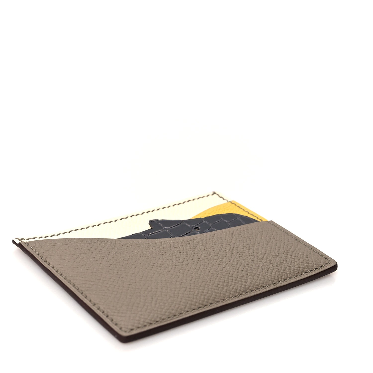 Hermes Epsom Chevre Mysore Crocodile Hippopotame Petit H Card Case Etoupe Craie Black 4 of 7