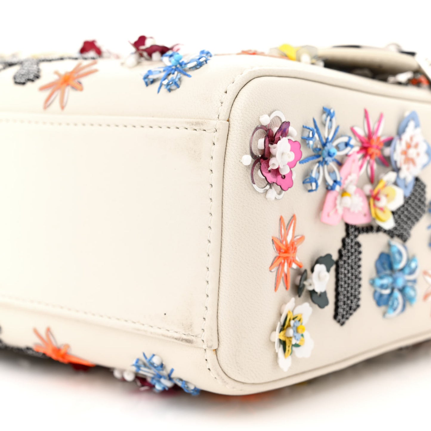 Calfskin Sequin Floral Embroidered Mini Lady Dior White Multicolor