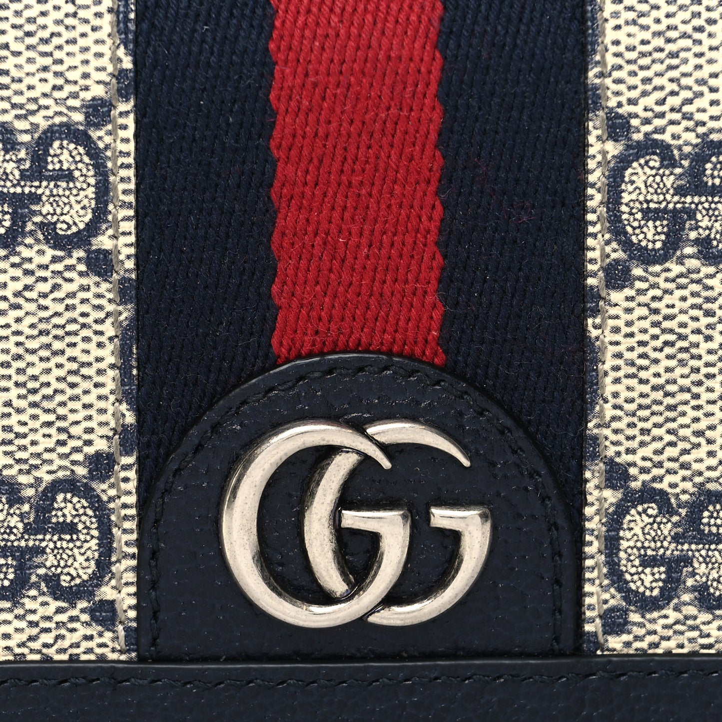 GG Supreme Monogram Textured Dollar Calfskin Web Ophidia Card Case Beige Blue