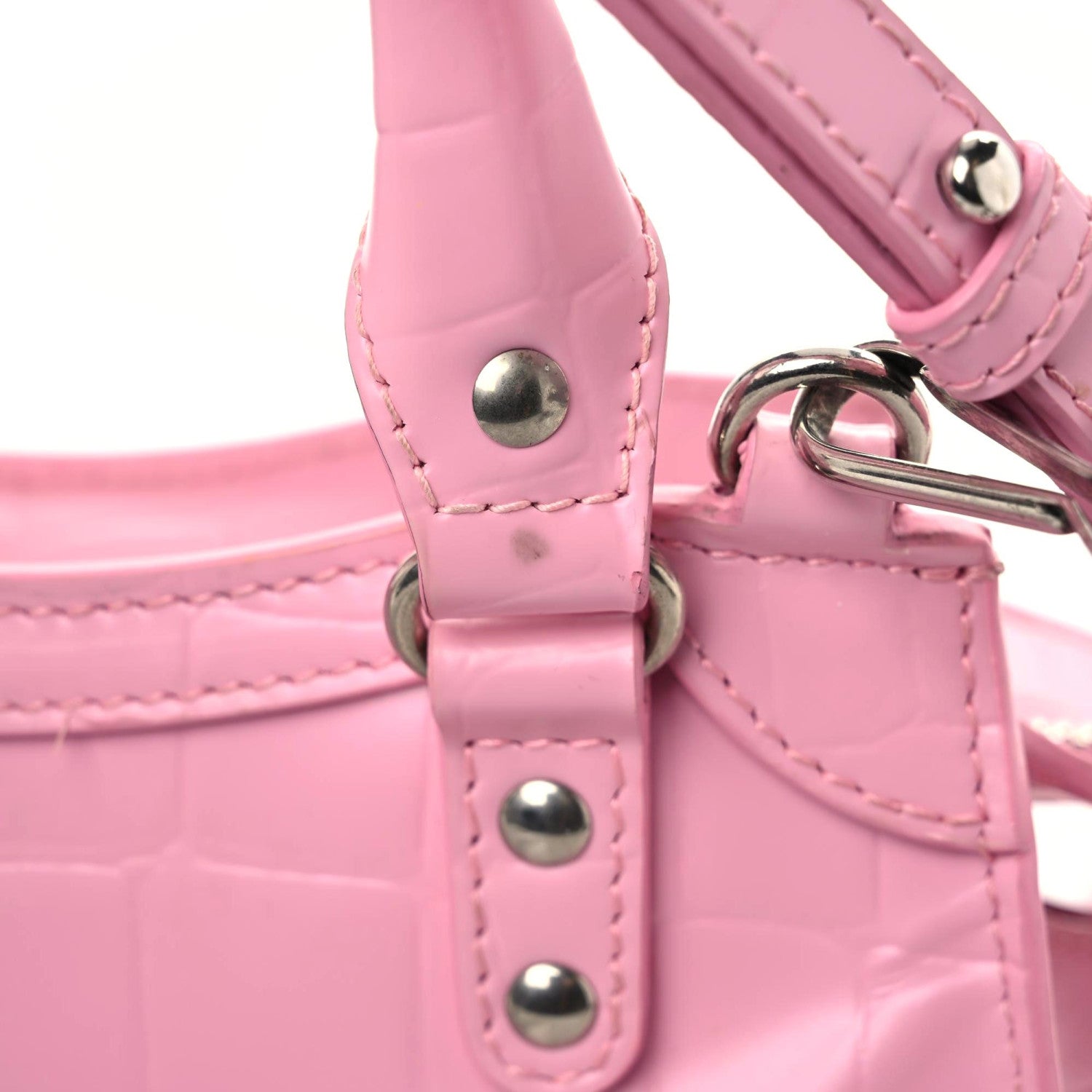 Balenciaga Semi Shiny Calfskin Crocodile Embossed Neo Classic Silver Hardware Mini City Pink 13 of 22