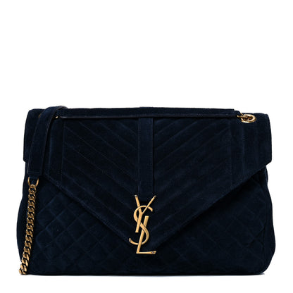 Saint Laurent Suede Mixed Matelasse Triquilt Large Monogram Envelope Satchel Navy Blue 1 of 17