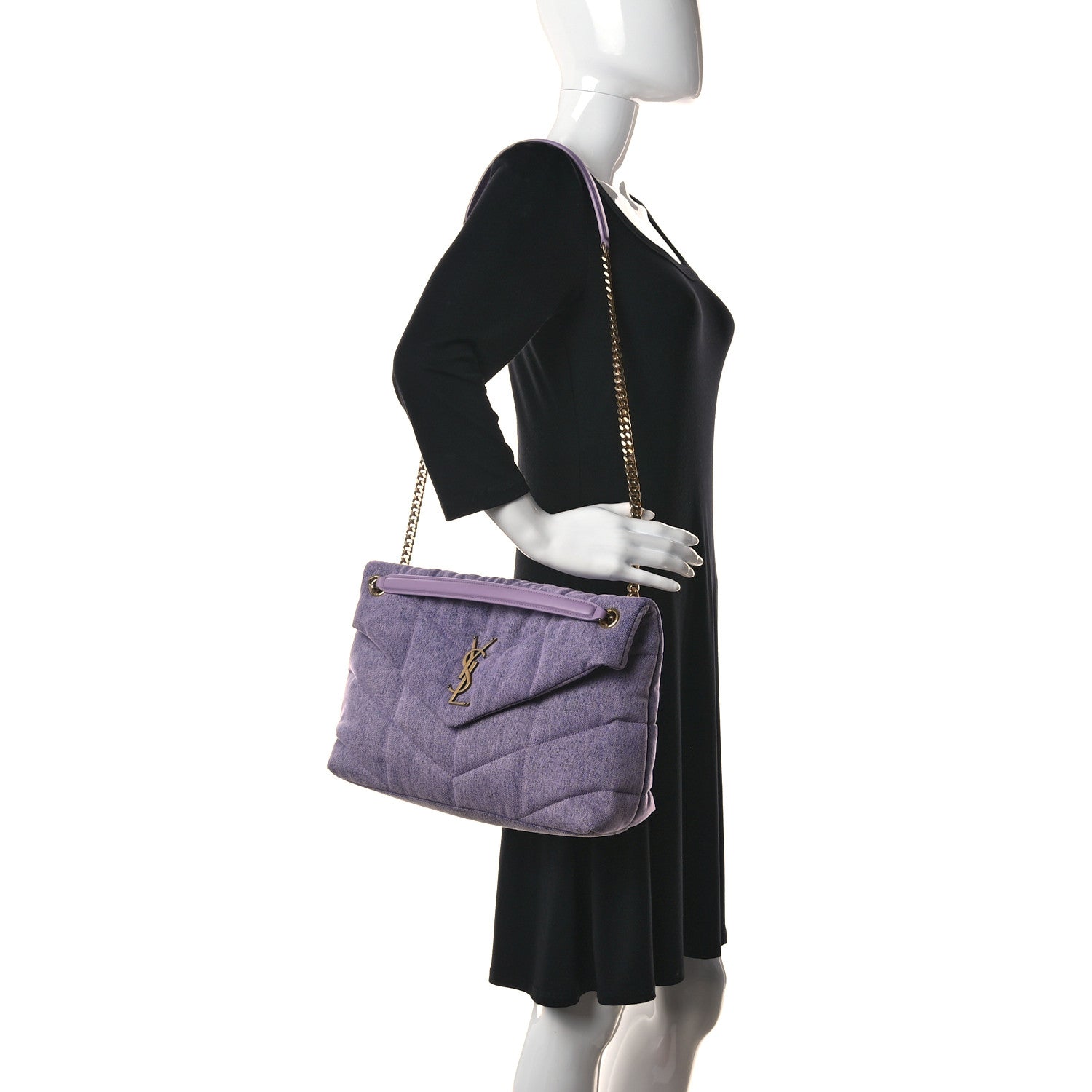 Saint Laurent Denim Quilted Medium Loulou Puffer Monogram Chain Satchel Bleached Lilac 2 of 10