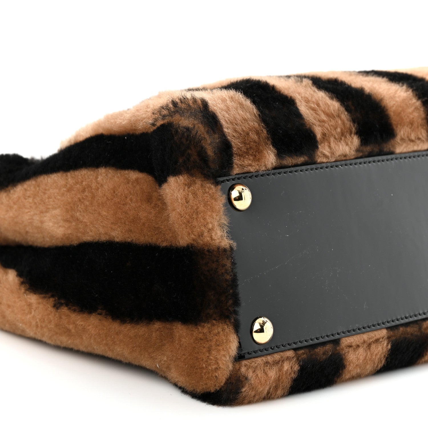 Fendi Shearling Vitello Vernice Mou Pequin Striped Medium Peekaboo Iconic Satchel Tobacco Black 10 of 11