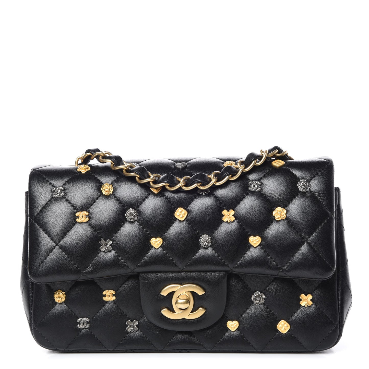 Lambskin Quilted Studded Mini Rectangular Flap Black