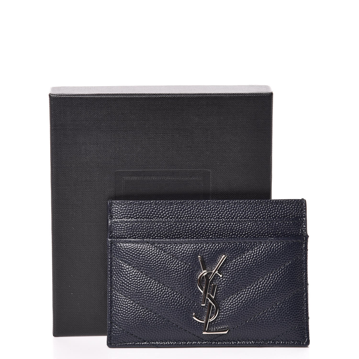 Saint Laurent Grain De Poudre Matelasse Monogram Chevron Credit Card Case Deep Marine 8 of 8