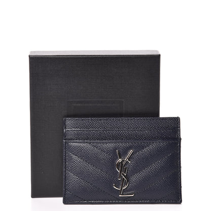 Saint Laurent Grain De Poudre Matelasse Monogram Chevron Credit Card Case Deep Marine 8 of 8