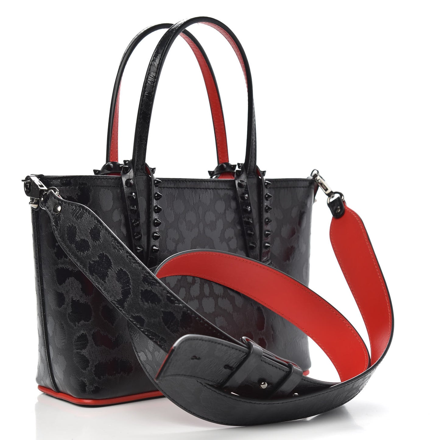 Patent Calfskin Leopard Print Spikes Mini East West Cabata Tote Black