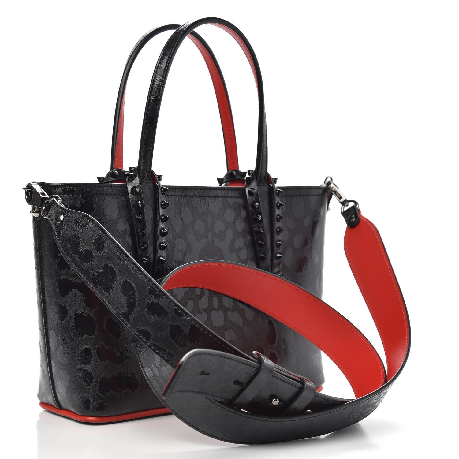 Christian Louboutin Patent Calfskin Leopard Print Spikes Mini East West Cabata Tote Black 3 of 11