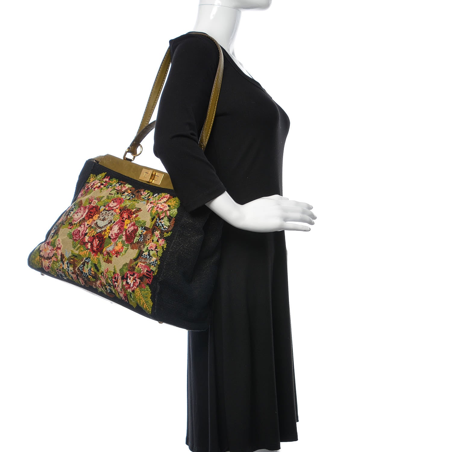 Fendi Canvas Embroidered Large Peekaboo Iconic Satchel Black Multicolor Muschio 2 of 13