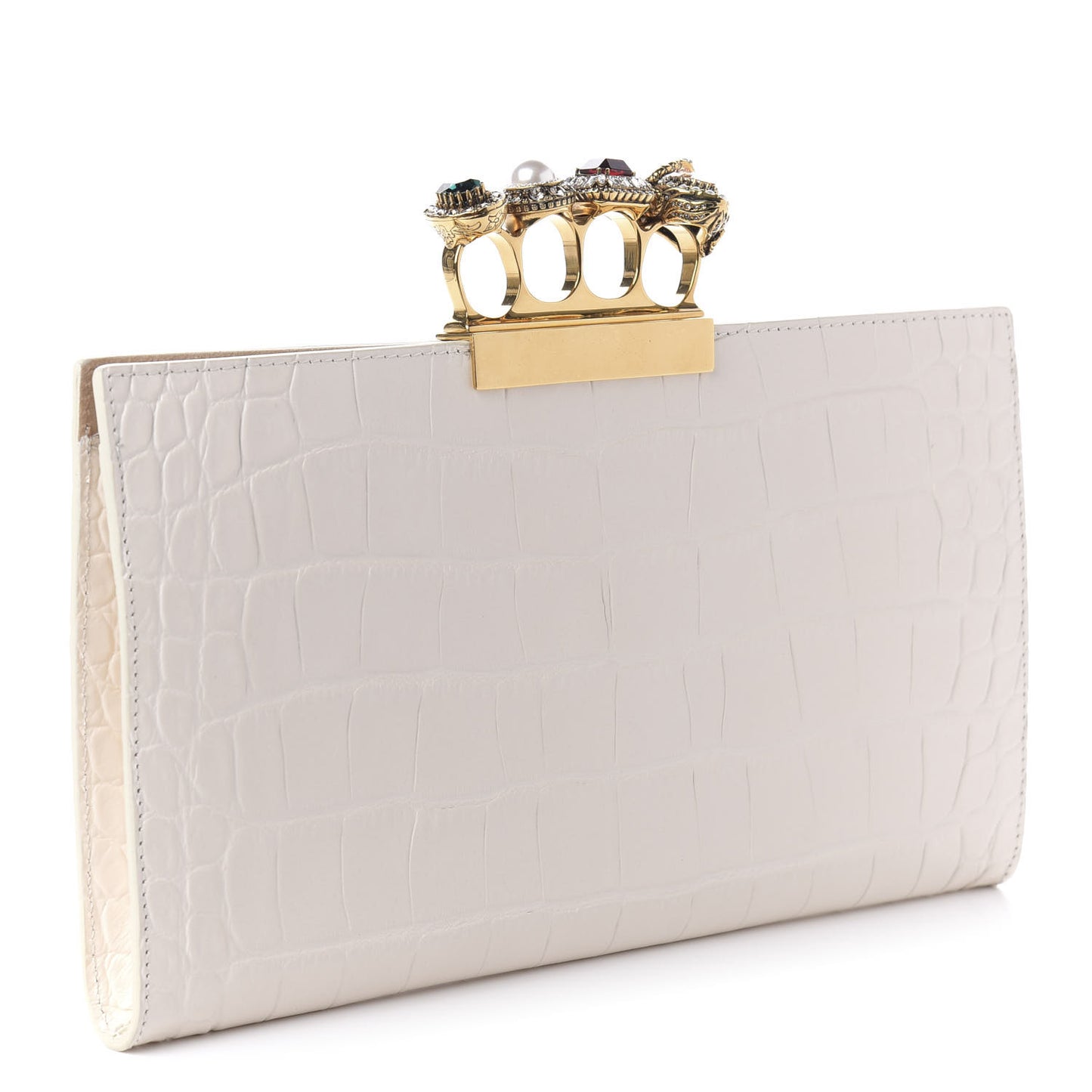 Calfskin Crocodile Embossed Knuckle Flat Clutch Off White Gold