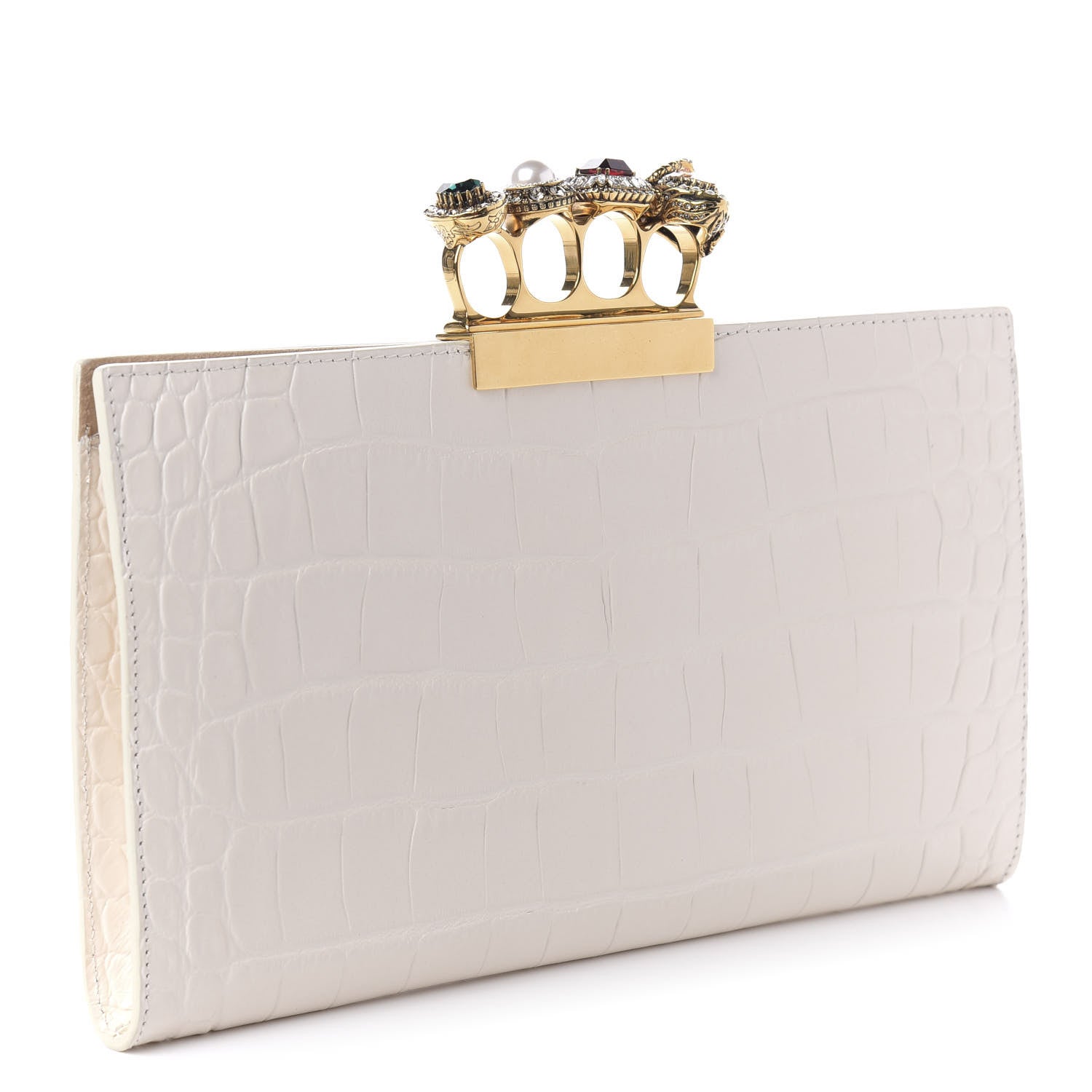 Alexander McQueen Calfskin Crocodile Embossed Knuckle Flat Clutch Off White Gold 3 of 10