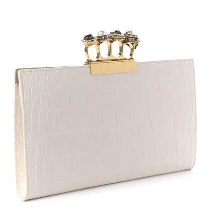 Alexander McQueen Calfskin Crocodile Embossed Knuckle Flat Clutch Off White Gold 3 of 10