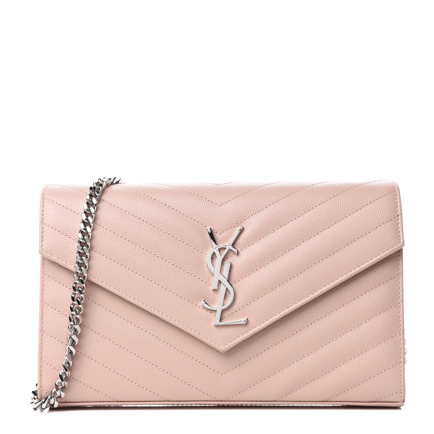 Saint Laurent Grain De Poudre Matelasse Chevron Monogram Chain Wallet Pale Pink 1 of 7