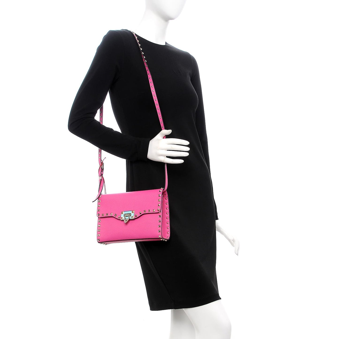 Pebbled Calfskin Medium Rockstud Flip Lock Crossbody Bag Pink Orchid