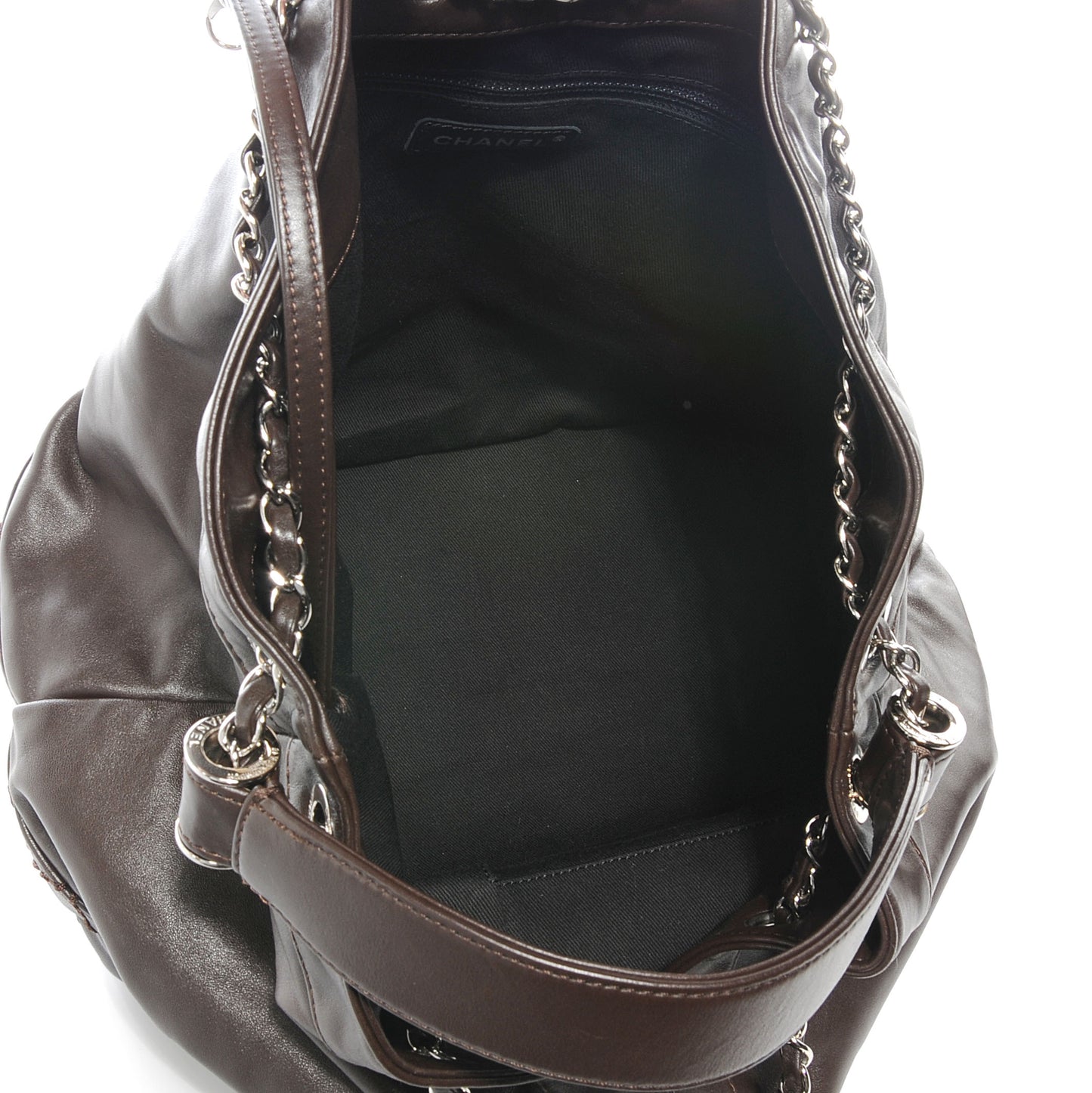 Calfskin Drawstring CC Bucket Bag Dark Brown