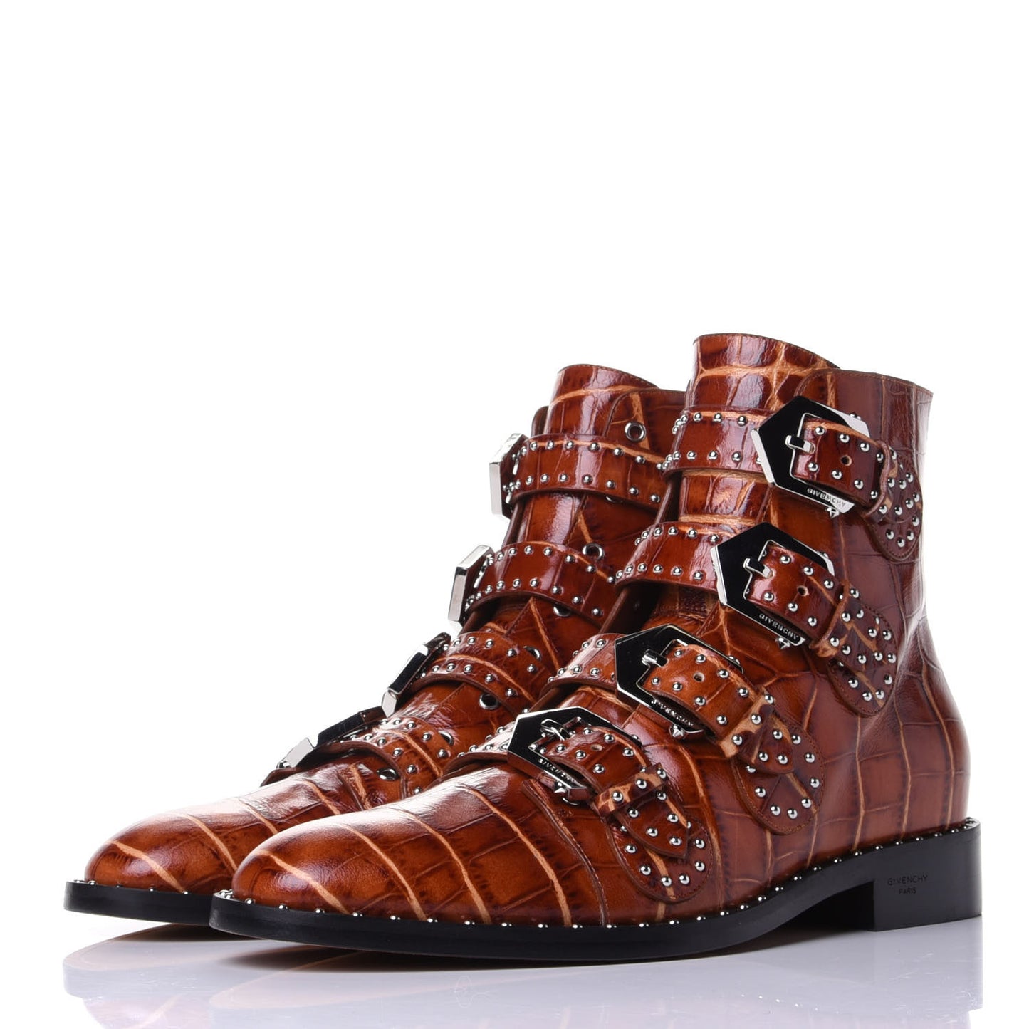 Crocodile Embossed Calfskin Studded Elegant Flat Bootie 38.5 Brown