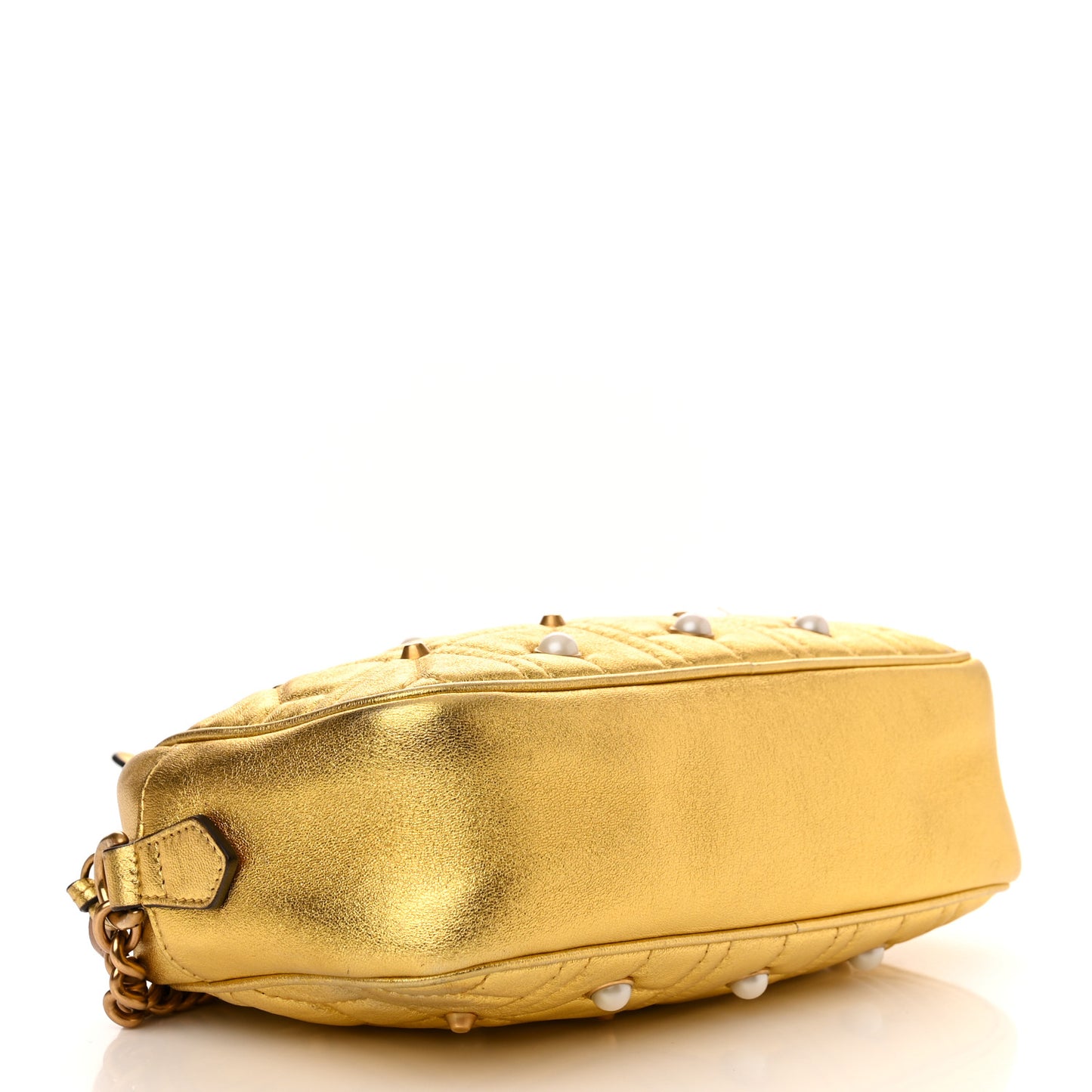 Metallic Calfskin Matelasse Studded Small Pearly GG Marmont Chain Shoulder Bag Gold