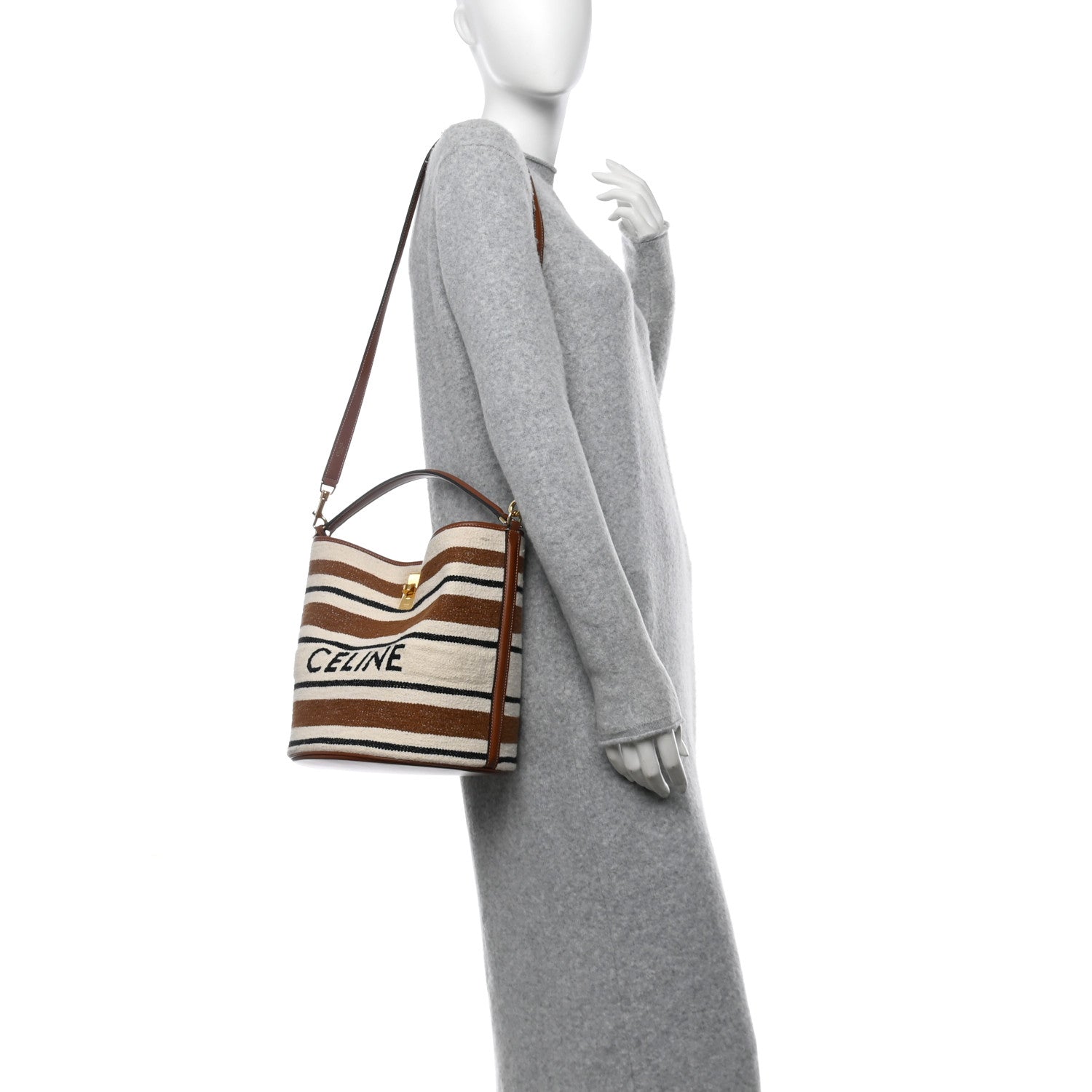 Celine Canvas Smooth Calfskin Logo Bucket 16 Bag Brown Off White Tan 2 of 14