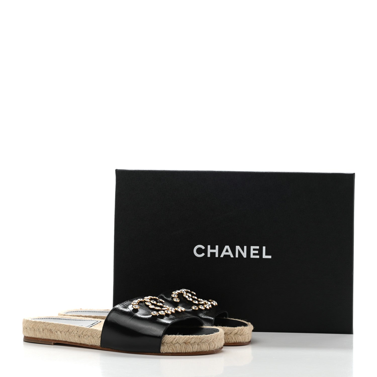 Chanel Patent Calfskin Crystal CC Espadrille Slip On Sandals 37 Black 9 of 9