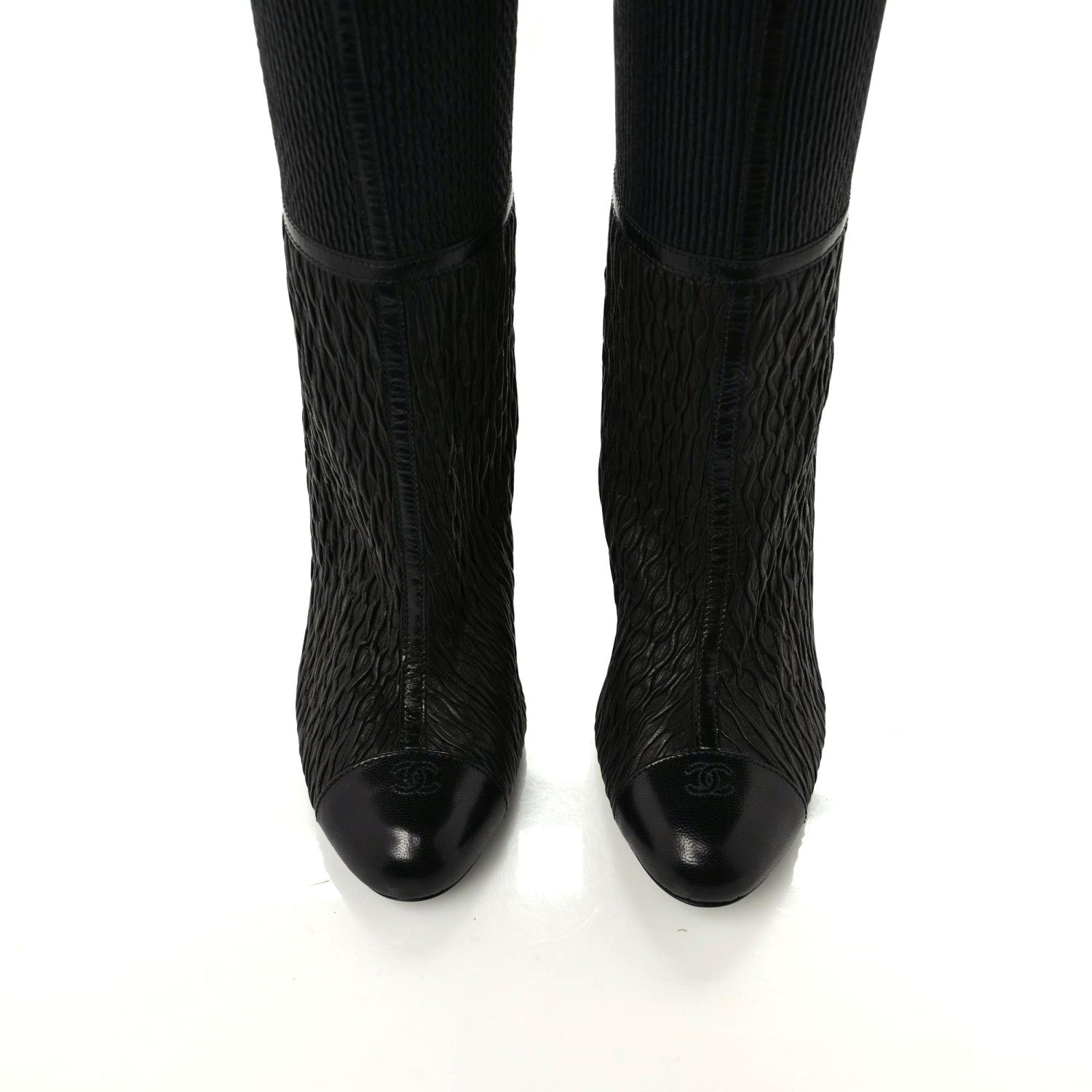 Chanel Calfskin Embossed Snakeskin Cap Toe CC Over The Knee Boots 39 Black 5 of 8