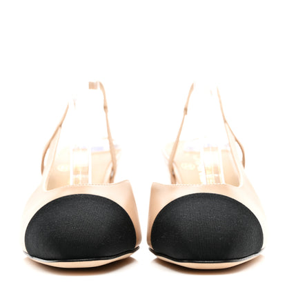 Chanel Calfskin Grosgrain Cap Toe CC Slingback Pumps 38 Beige Black 2 of 9