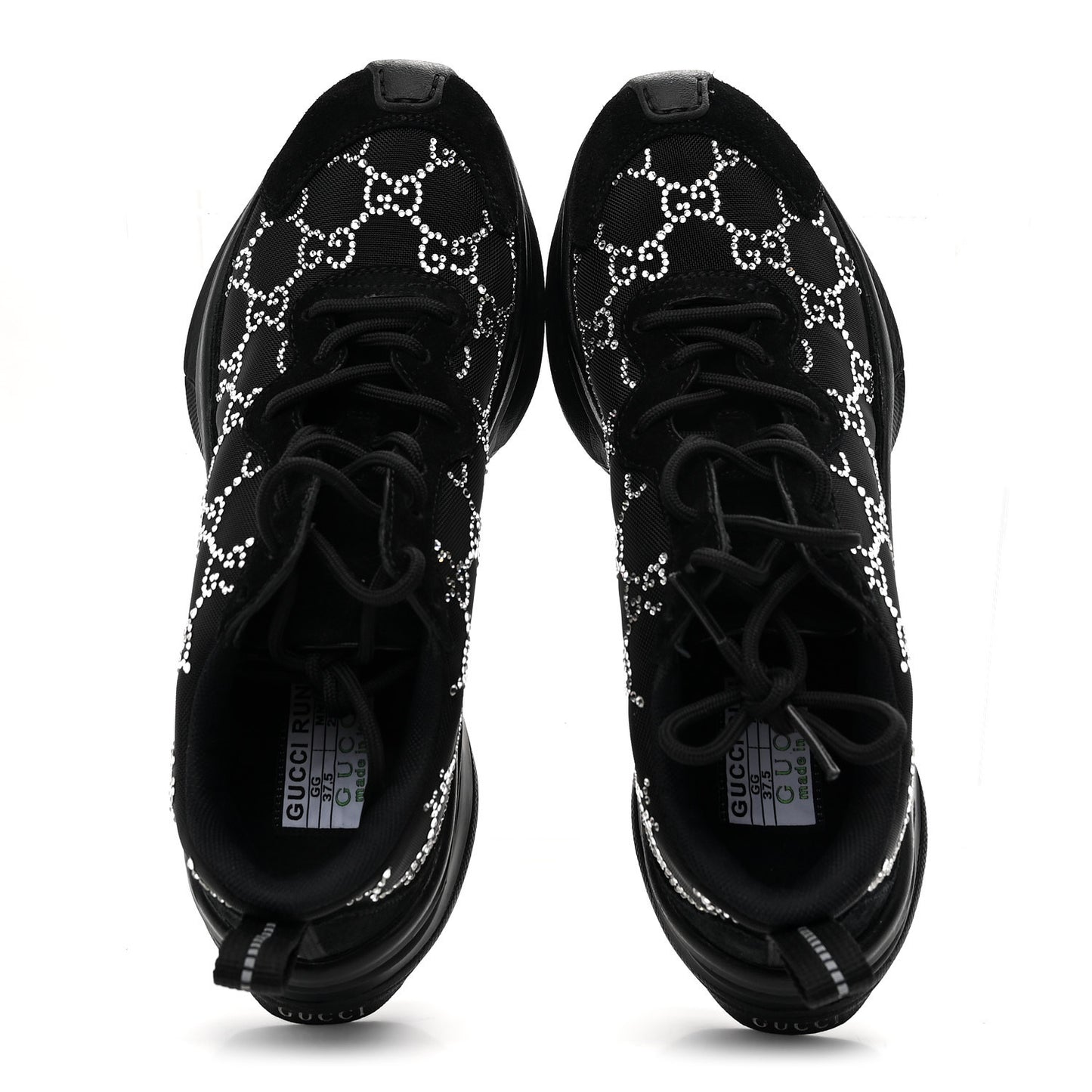 Tela Retino Mesh Crystal Suede GG Monogram Womens Gucci Run Sneakers 37.5 Black Silver