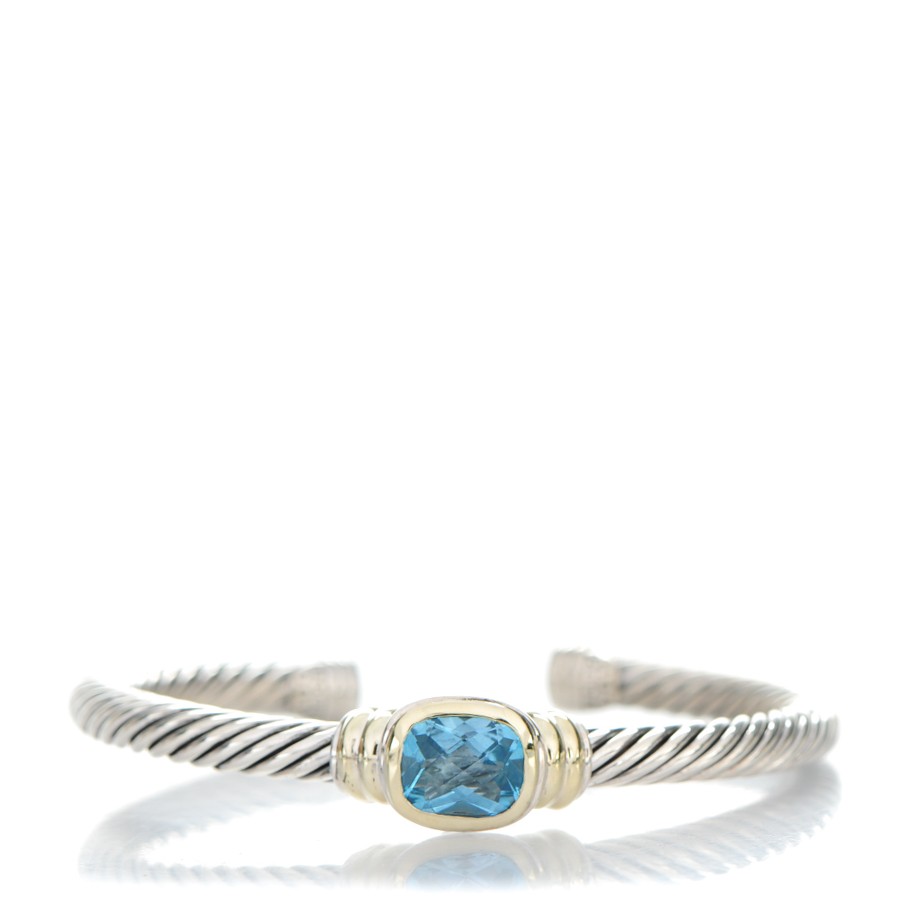 Sterling Silver 14K Gold Blue Topaz 5mm Cable Classics Station Bracelet