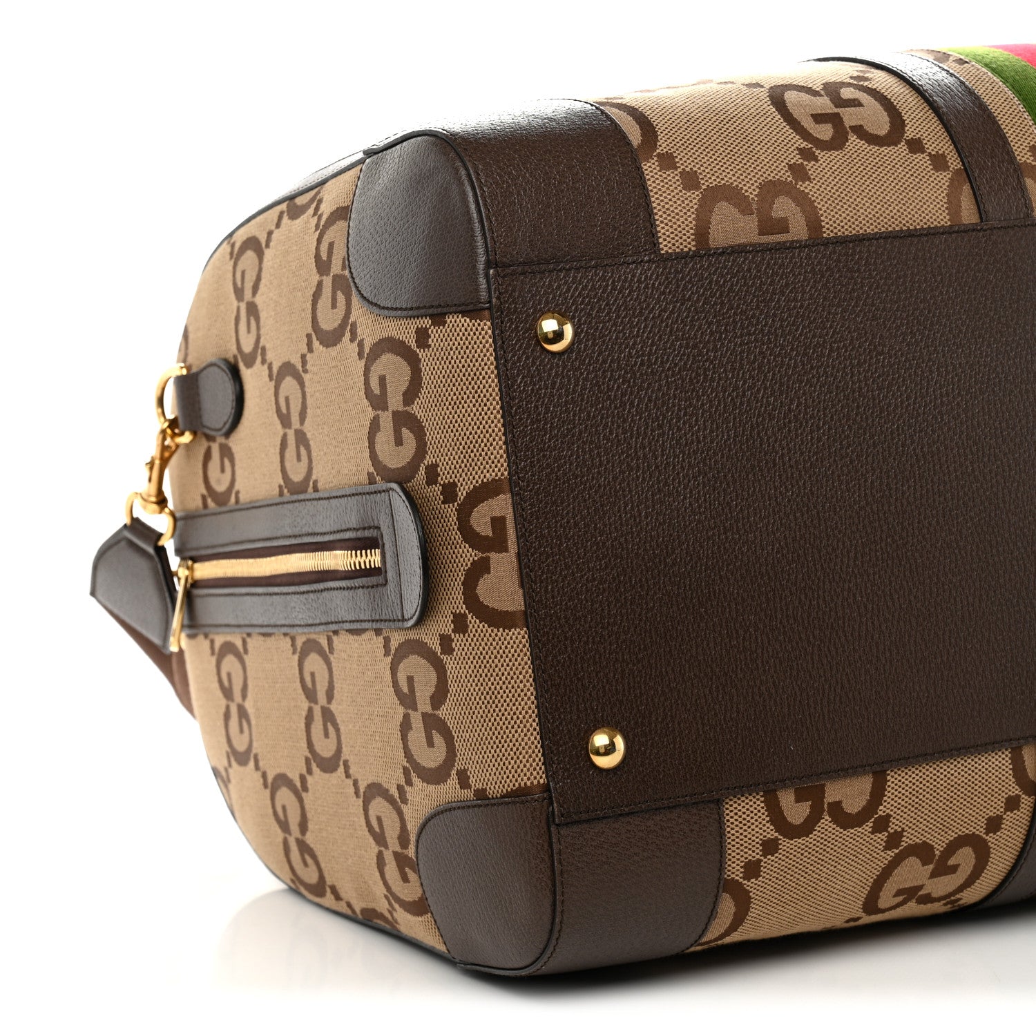 Gucci Monogram Jumbo GG Textured Dollar Calfskin Web Maxi Duffle Bag Camel Ebony 8 of 10