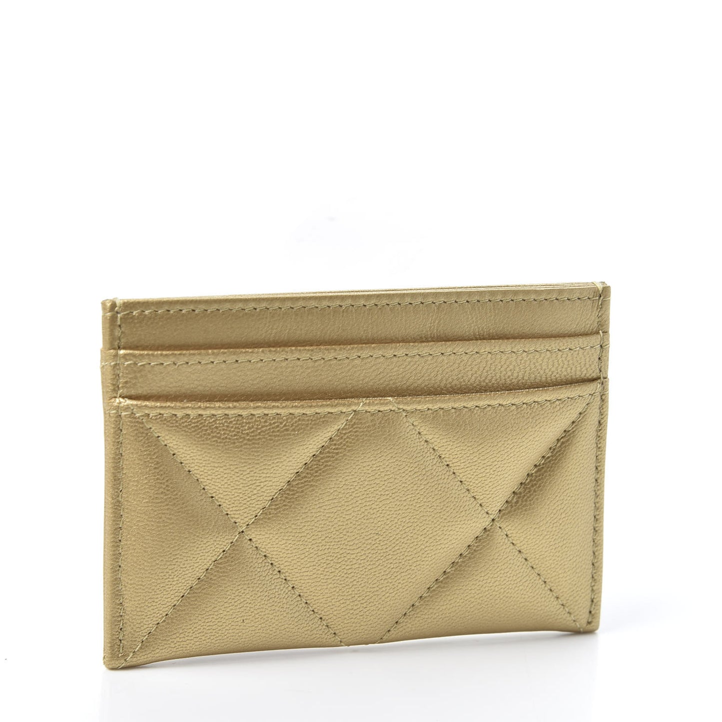 Metallic Goatskin Quilted Chanel 19 Card Holder Gold
