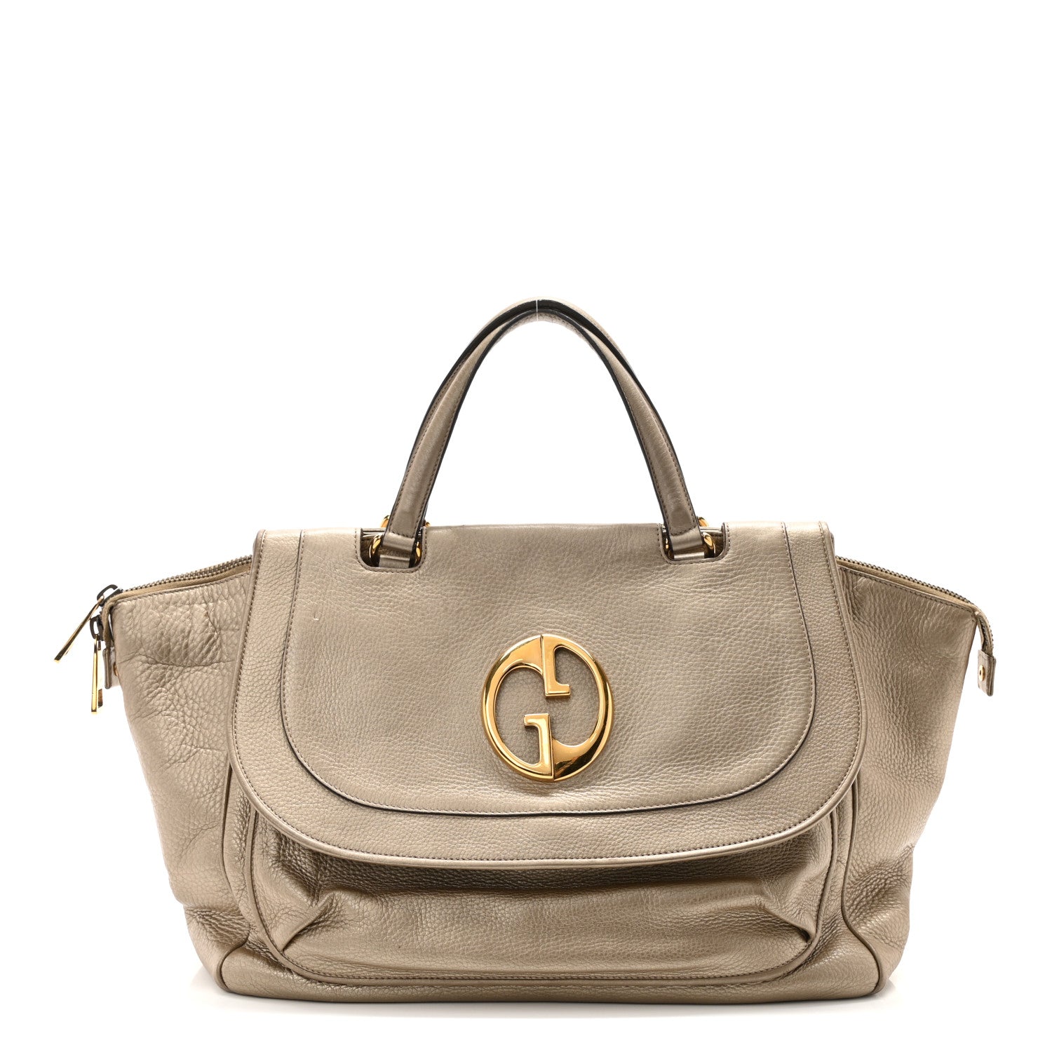 Gucci Metallic Pebbled Calfskin Medium 1973 Top Handle Satchel Golden Beige 1 of 18