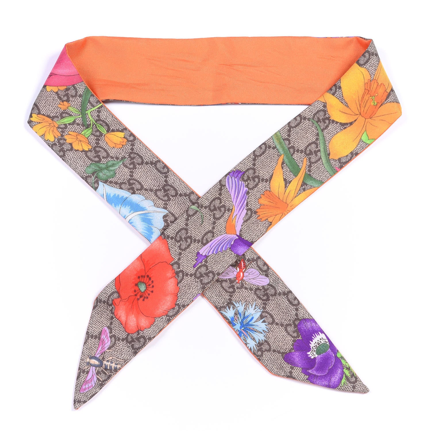 Gucci Silk Twill GG Monogram Special Flory Neck Bow Scarf Beige Orange 1 of 3